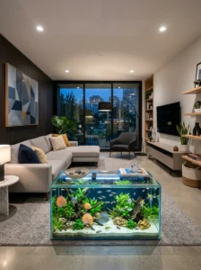 Contemporary living room with aquarium coffee table