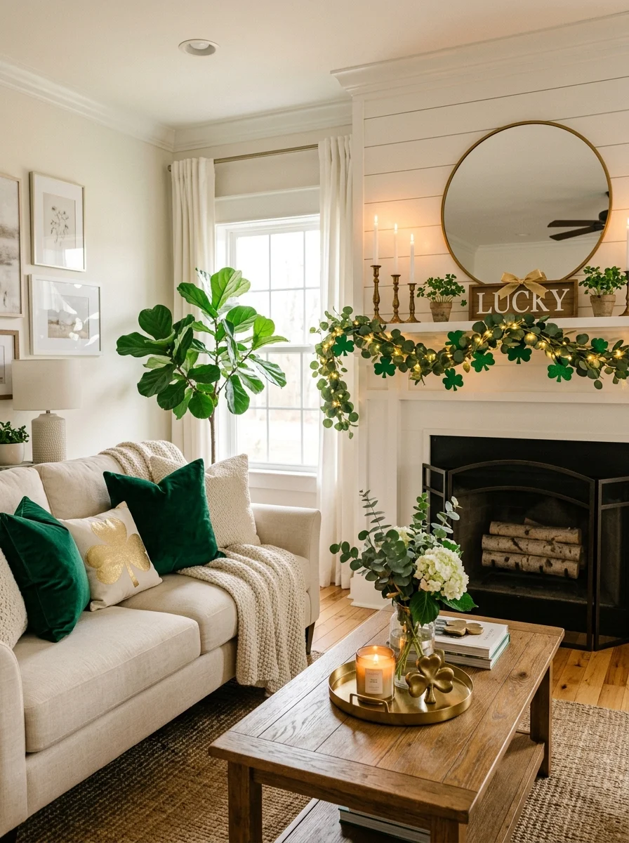 Cozy St. Patrick’s Day living room decor with green pillows, shamrock garland, candles, and gold accents