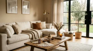 Modern living room with neutral paint colors and interior design inspiration