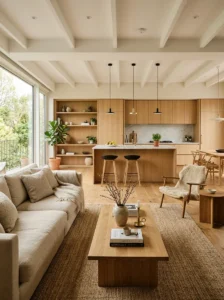 Open concept home with consistent wood flooring flowing through connected rooms.