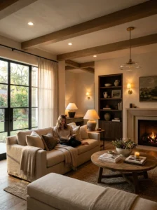 Balanced layered lighting throughout a modern cozy living room interior.
