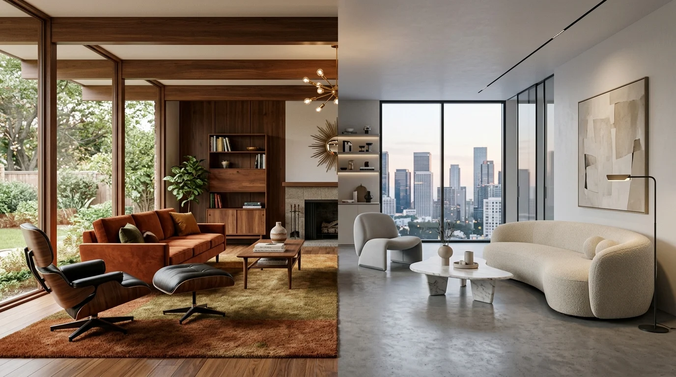 Modern and contemporary living room comparison with different furniture styles and decor aesthetics.