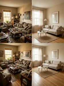 Small room overcrowded with too much furniture creating a cluttered interior design.