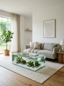 Minimal living room with glass aquarium coffee table