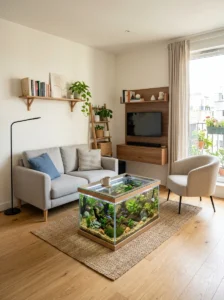 Small living room with compact aquarium coffee table