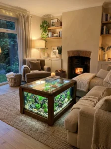 Cozy living room with wood aquarium coffee table