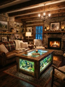 Rustic living room with aquarium coffee table