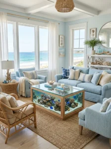 Coastal style living room with aquarium coffee table
