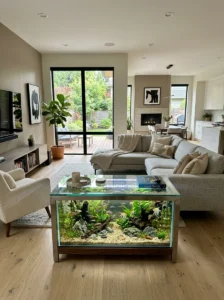 Open concept living room with aquarium coffee table