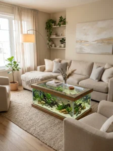 Neutral living room with aquarium coffee table glow