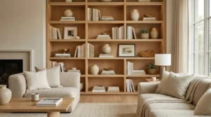 Professionally styled bookshelf with books, ceramic decor, artwork, and cozy neutral interior design.