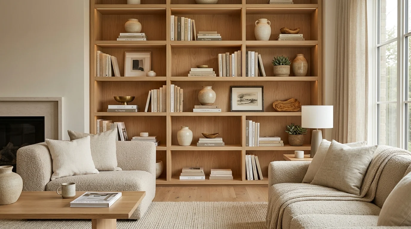 Professionally styled bookshelf with books, ceramic decor, artwork, and cozy neutral interior design.