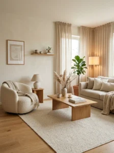 Warm Japandi interior with layered textures including linen, wool, boucle, and natural wood.
