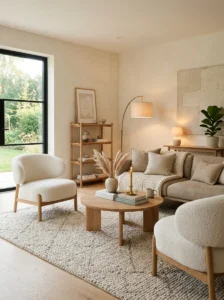 Warm minimalist interior with cozy neutral tones and soft modern textures.