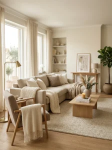 Neutral living room layered with different shades of beige, cream, and soft white decor.