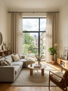 Curtains hung high above the window frame to make ceilings look taller.