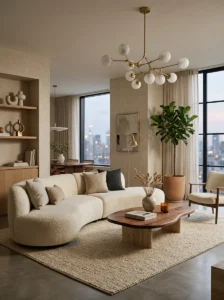 Contemporary living room with curved furniture and modern minimalist decor trends.