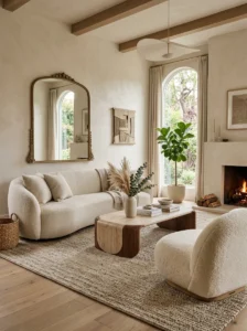 Neutral room with sculptural furniture and curved silhouettes for visual interest.