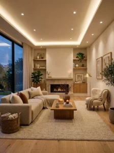 Living room with soft ambient lighting creating a warm and balanced atmosphere.