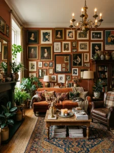 New maximalist interior with layered decor, bold colors, and artistic vintage styling.