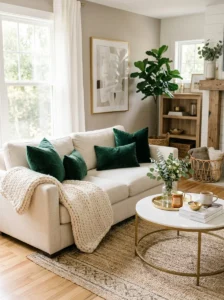 Emerald green velvet throw pillows on a neutral sofa for St. Patrick’s Day decor