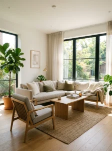 Small living room painted in light colors to make the space feel bigger