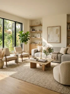 Living room with correctly sized area rug placed under sofa and accent chairs.