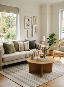 Neutral room with subtle patterned decor and muted accent colors.