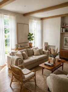 Natural sunlight highlighting textures in a warm neutral living room.