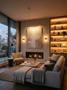 Accent lighting highlighting shelves and artwork in a cozy modern living room.