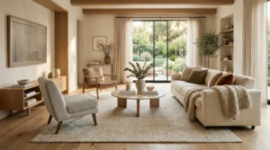 Luxury living room with perfectly sized area rug and modern cozy interior design.