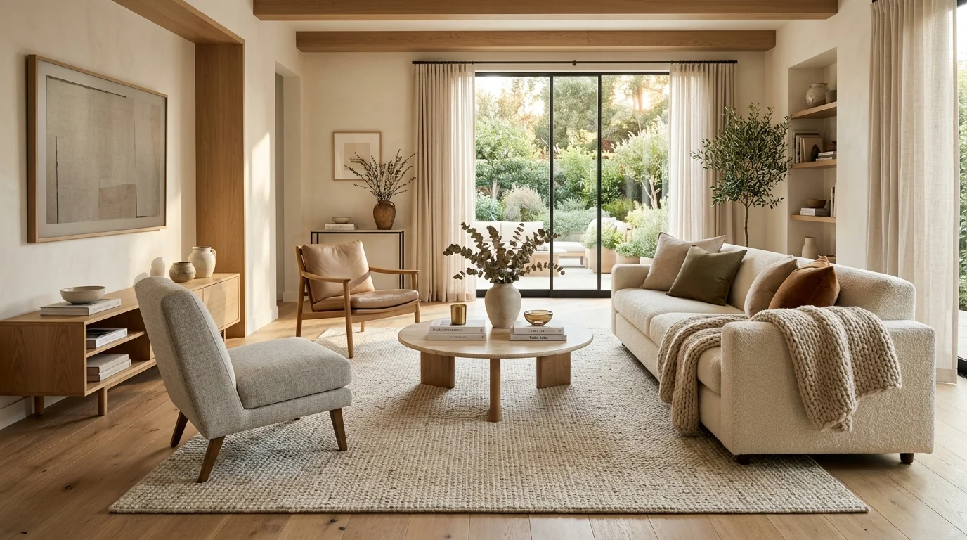 Luxury living room with perfectly sized area rug and modern cozy interior design.