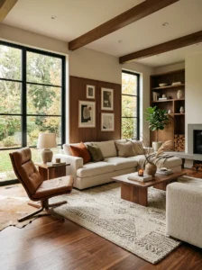 Warm modern interior design with wood furniture, earthy tones, and cozy textures.