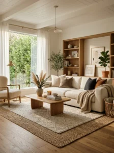 Warm wood flooring in a cozy modern living room with layered rugs.