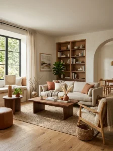 Neutral room styled with mixed wood tones and warm organic decor.