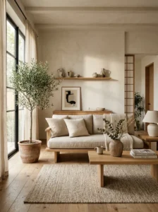 Organic modern living room with earthy textures, curved furniture, and natural materials.