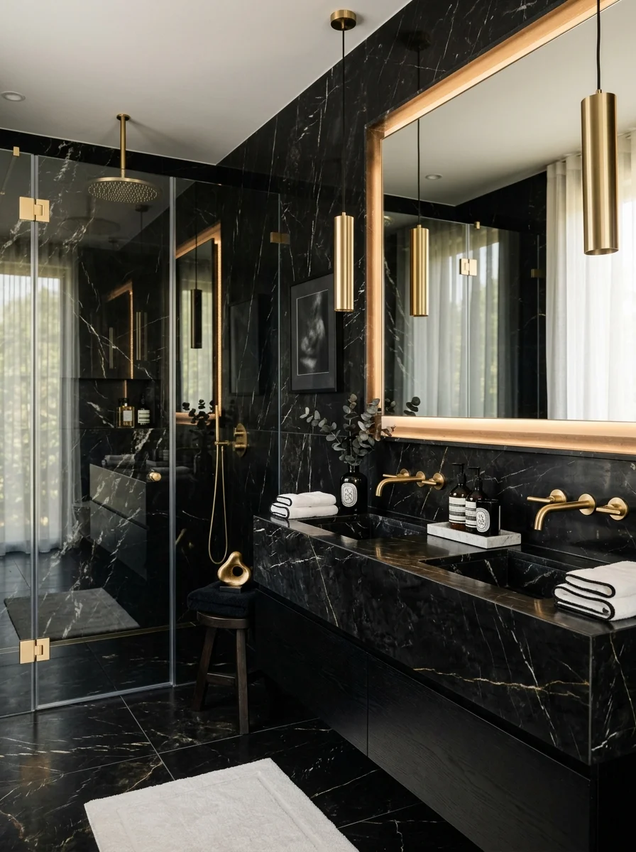Black marble bathroom with gold fixtures and luxury modern design
