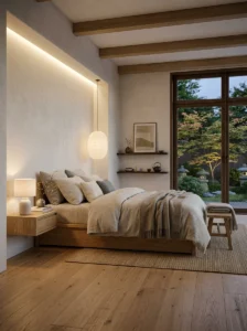 Minimalist Japandi furniture with low wooden bed and natural Scandinavian Japanese decor.