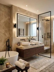 Beige marble bathroom with black details and modern fixtures