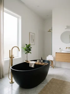 Black freestanding bathtub with gold faucet in white bathroom