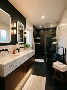 Black hexagon bathroom tiles paired with marble details