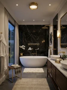 Black marble accent wall behind a luxury bathroom bathtub