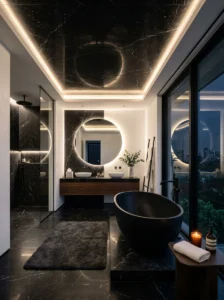 Black marble ceiling feature in a modern luxury bathroom
