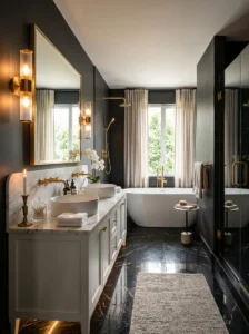Black marble bathroom floor with gold fixtures and warm lighting