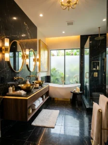 Black marble bathroom with gold fixtures and elegant lighting
