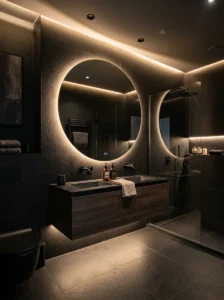 Black tile bathroom highlighted with warm LED lighting