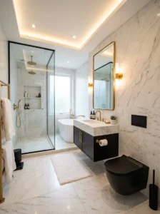 Black toilet in a bathroom with marble walls