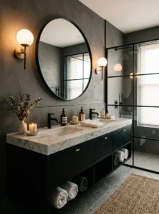 Black bathroom cabinet paired with marble countertop
