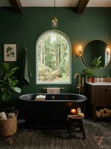Forest green bathroom with matte black bathtub