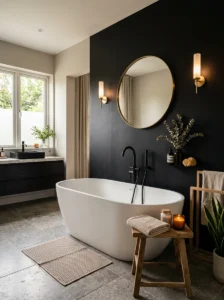 Black accent wall behind a white freestanding bathtub